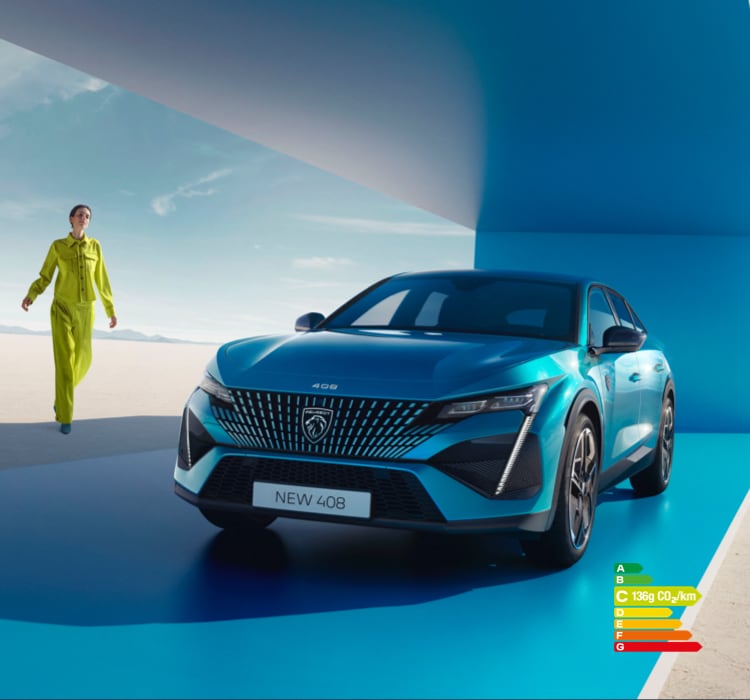 Woman walking toward a blue Peugeot 408 Petrol